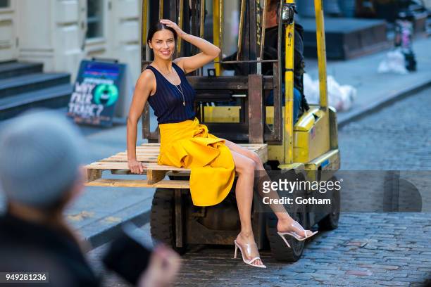 Adriana Lima is seen during a photoshoot in SoHo on April 20, 2018 in New York City.