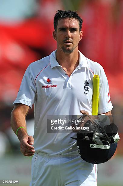 Kevin Pietersen of England walks off after being run-out on 81 runs by Friedel de Wet of South Africa during day 5 of the 1st Test match between...