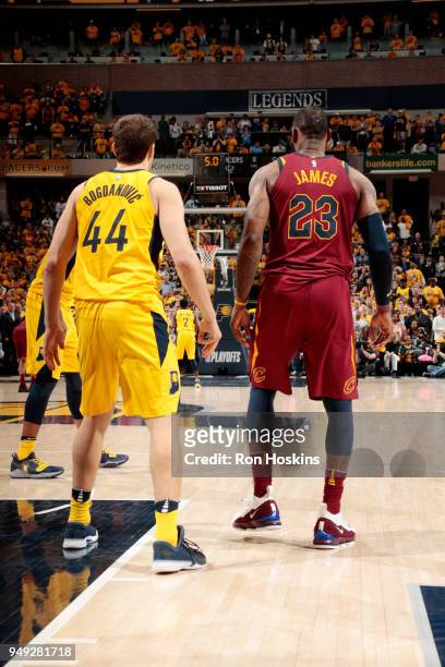 Bojan Bogdanovic of the Indiana Pacers and LeBron James of the Cleveland Cavaliers defend in Game Three of Round One of the 2018 NBA Playoffs on...
