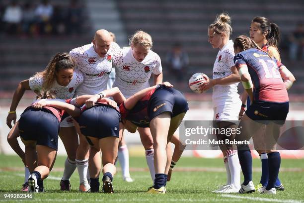 Natasha Hunt of England feeds the scrum on day one of the HSBC Women's Rugby Sevens Kitakyushu Pool match between Russia and England at Mikuni World...