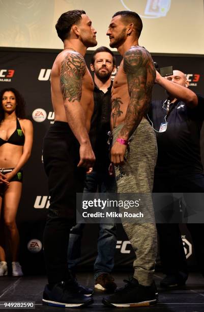Opponents Frankie Edgar and Cub Swanson face off during the UFC Fight Night weigh-in at the Boardwalk Hall on April 20, 2018 in Atlantic City, New...