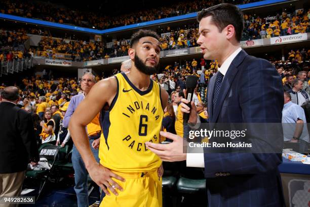 Cory Joseph of the Indiana Pacers talks to the media after Game Three of Round One of the 2018 NBA Playoffs against the Cleveland Cavaliers on April...