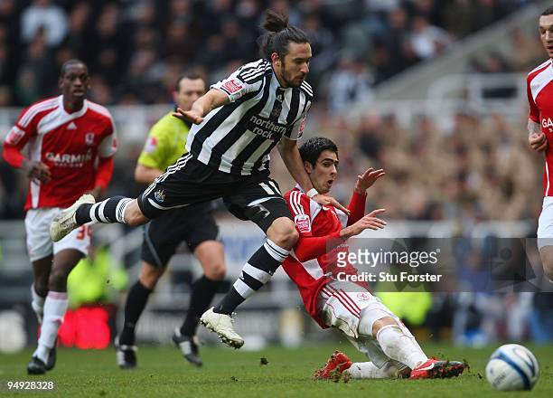 Jonas Gutierrez of Newcastle challenges Rhys Williams of Middlesbrough during the Coca-Cola Championship match between Newcastle United and...