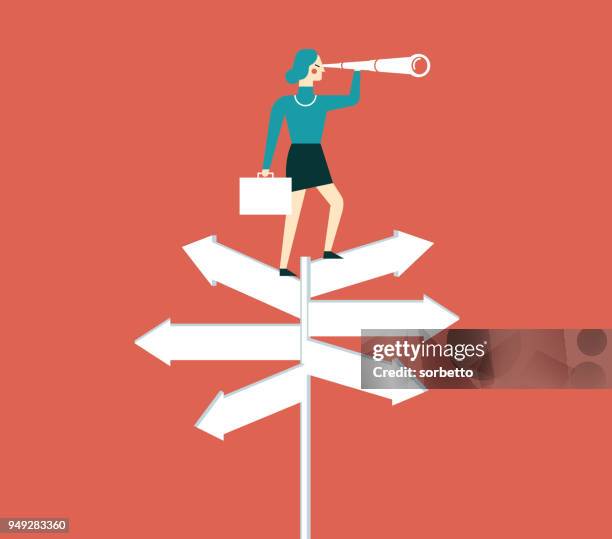 businesswoman with spyglass on a crossroad sign - fortune telling stock illustrations