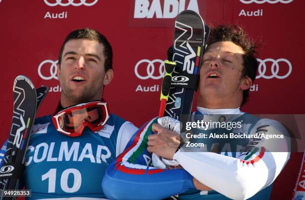 Massimiliano Blardone of Italy takes 1st place and Davide Simoncelli of Italy takes 2nd place during the Audi FIS Alpine Ski World Cup Men's Giant...