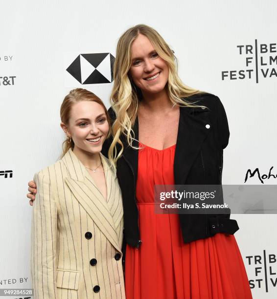 AnnaSophia Robb and Bethany Hamilton attend "Bethany Hamilton: Unstoppable" during 2018 Tribeca Film Festival at SVA Theatre on April 20, 2018 in New...