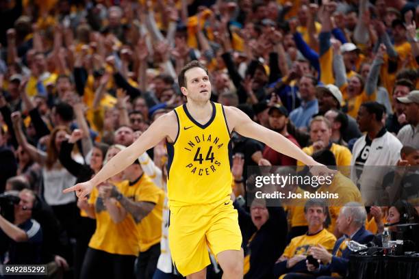 Bojan Bogdanovic of the Indiana Pacers reacts after making a three-point shot in the second half of game three of the NBA Playoffs against the...