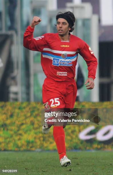 Jorge Martinez of Catania Calcio celebrates his opening goal from a penalty during the Serie A match between Juventus FC and Catania Calcio at Stadio...