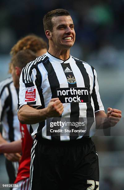 Steven Taylor of Newcastle celebrates at the end of the Coca-Cola Championship match between Newcastle United and Middlesbrough at St James' Park on...
