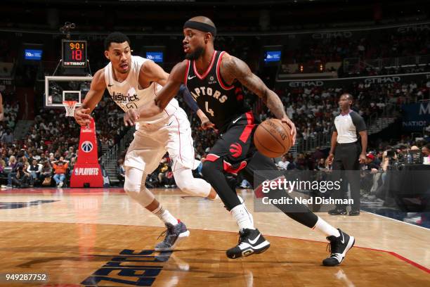 Lorenzo Brown of the Toronto Raptors handles the ball against the Washington Wizards in Game Three of Round One of the 2018 NBA Playoffs on April 20,...