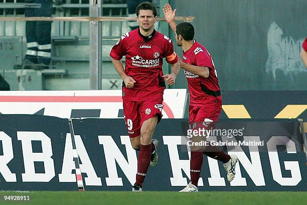Tomas Danilevicius of AS Livorno Calcio celebrates after scoring a goal during the Serie A match between Livorno and Sampdoria at Stadio Armando...