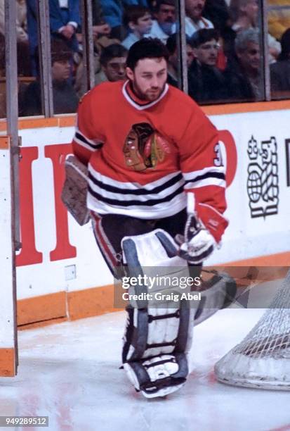 Ed Belfour of the Chicago Black Hawks skates against the Toronto Maple Leafs during NHL game action on March 4, 1989 at Maple Leaf Gardens in...