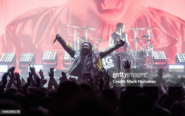 Benji Webbe,Arya Goggin of Skindred performing at Southampton Guildhall on April 20, 2018 in Southampton, England.