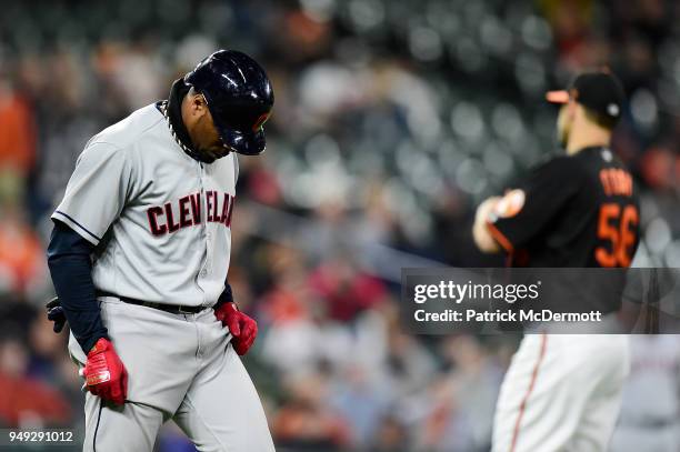 Rajai Davis of the Cleveland Indians reacts after being hit by a pitch thrown by Darren O'Day of the Baltimore Orioles in the ninth inning at Oriole...