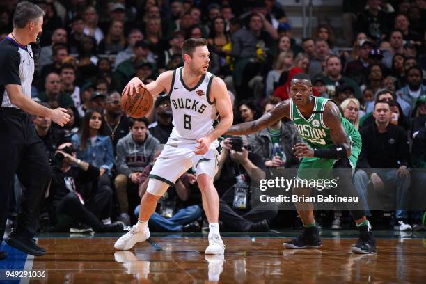 Milwaukee, WI Matthew Dellavedova of the Milwaukee Bucks handles the ball against the Boston Celtics in Game Three of Round One of the 2018 NBA...