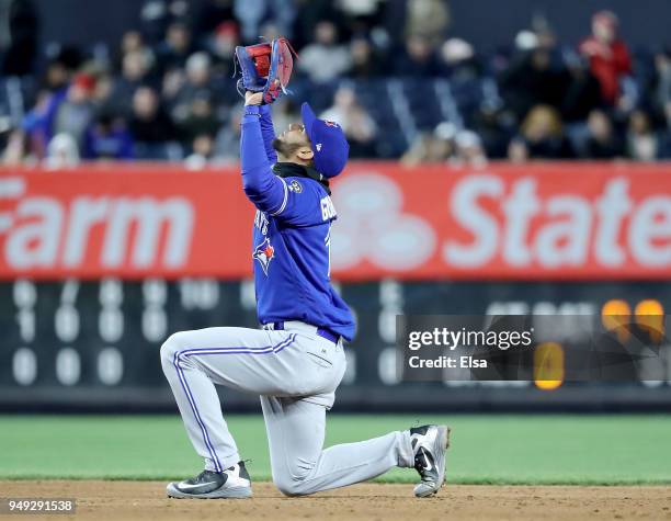 Lourdes Gurriel Jr.#13 of the Toronto Blue Jays celebrates the 8-5 win over the New York Yankees at Yankee Stadium on April 20, 2018 in the Bronx...