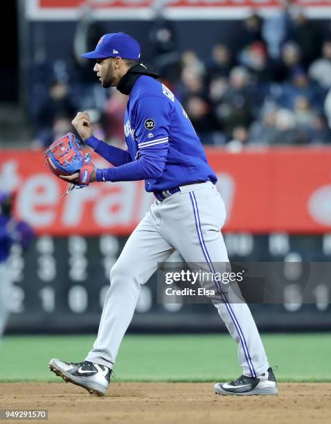 Lourdes Gurriel Jr.#13 of the Toronto Blue Jays celebrates the 8-5 win over the New York Yankees at Yankee Stadium on April 20, 2018 in the Bronx...