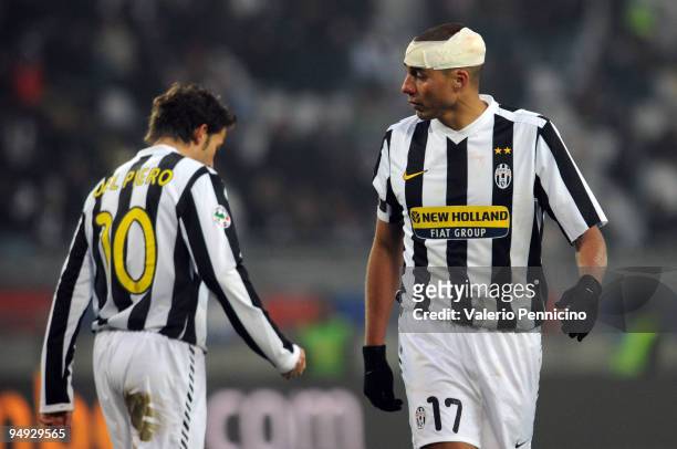 Alessandro Del Piero and David Trezeguet of Juventus FC show their dejection during the Serie A match between Juventus FC and Catania Calcio at...