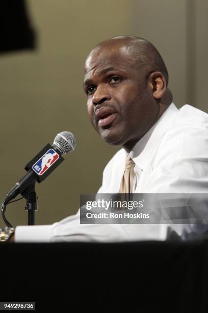 Head Coach Nate McMillan of the Indiana Pacers talks to the media following Game Three of Round One of the 2018 NBA Playoffs against the Cleveland...