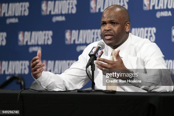 Head Coach Nate McMillan of the Indiana Pacers talks to the media following Game Three of Round One of the 2018 NBA Playoffs against the Cleveland...