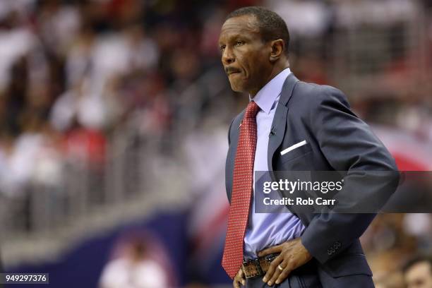 Head coach Dwane Casey of the Toronto Raptors looks on in the second half against the Washington Wizards during Game Three of Round One of the 2018...