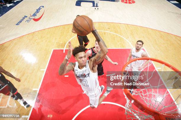 Kelly Oubre Jr. #12 of the Washington Wizards shoots the ball against the Toronto Raptors in Game Three of Round One of the 2018 NBA Playoffs on...