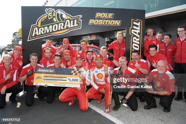 Scott McLaughlin driver of the Shell V-Power Racing Team Ford Falcon FGX celebrates after claiming pole position during the Supercars Phillip Island...