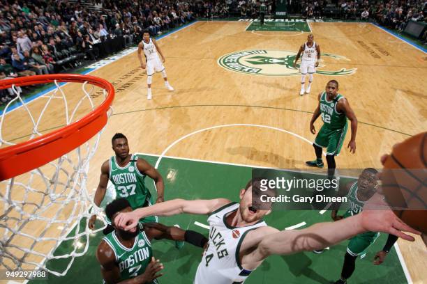 Tyler Zeller of the Milwaukee Bucks shoots the ball Boston Celtics in Game Three of Round One of the 2018 NBA Playoffs on April 20, 2018 at the BMO...