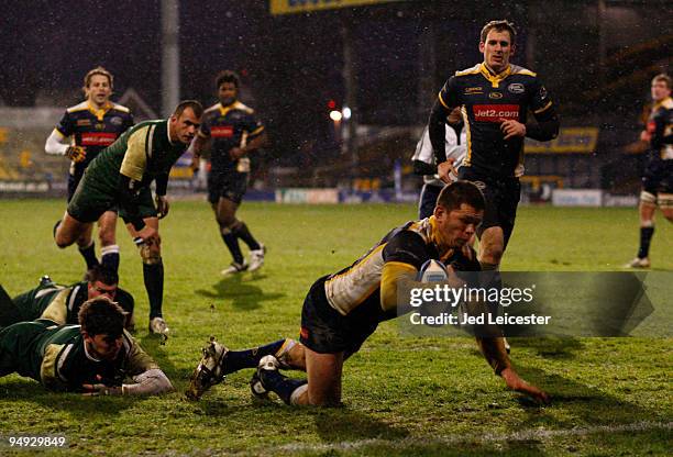 Henry Paul of Leeds Carnegie dives over to score a try during the Amlin Challenge Cup match between Leeds Carnegie and Bucuresti Oaks at Headingley...