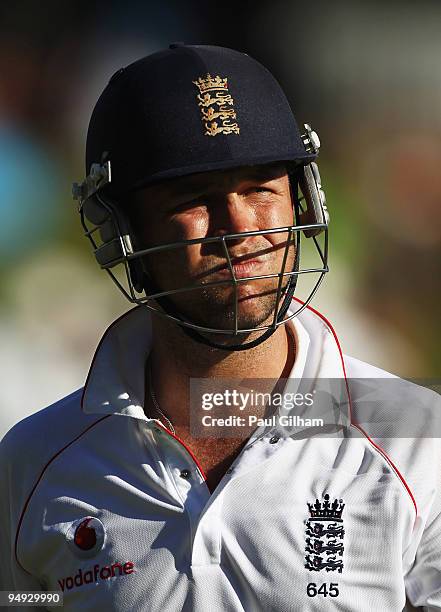 Jonathan Trott of England walks back to the team dressing room after being caught out by AB de Villiers off the bowling of Friedel de Wet for 69 runs...