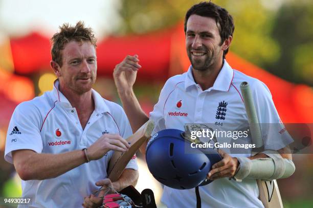 Paul Collingwood and Graham Onions walk off after drawing on day 5 of the 1st Test match between South Africa and England from Supersport Park on...