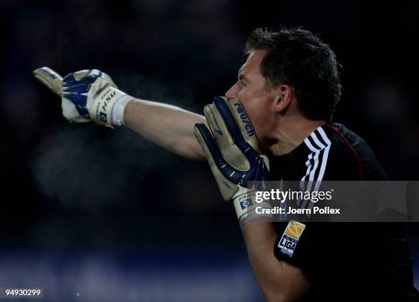 Frank Rost of Hamburg gestures during the Bundesliga match between Hamburger SV and Werder Bremen at HSH Nordbank Arena on December 20, 2009 in...