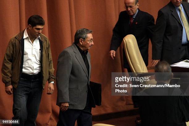 Raul Castro , President of Cuba and brother of Revolution leader Fidel Castro, arrives for a session of the Cuban National Assembly and is followed...