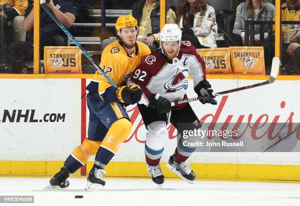 Ryan Johansen of the Nashville Predators battles for the puck against Gabriel Landeskog of the Colorado Avalanche in Game Five of the Western...