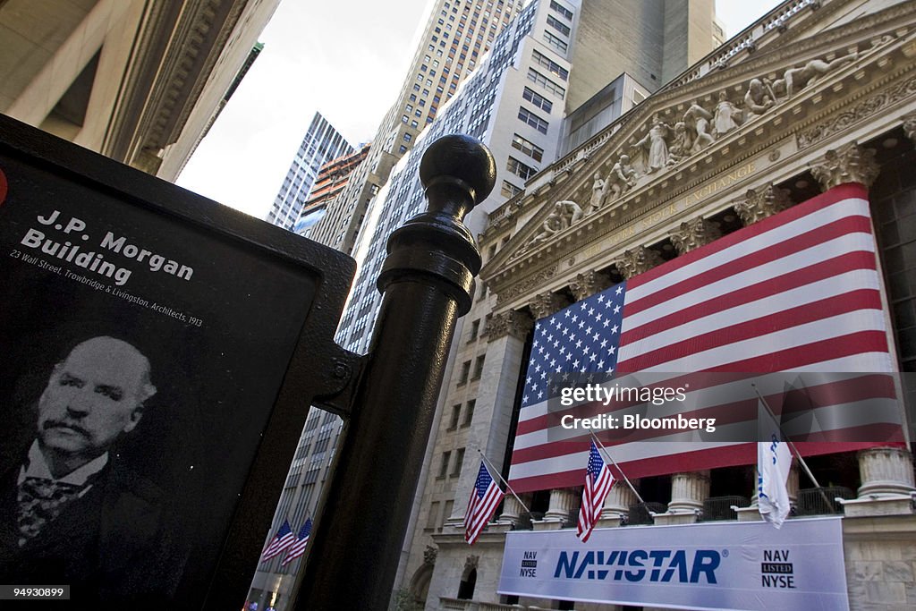 A sign for the J.P. Morgan Building at 23 Wall Street is pos