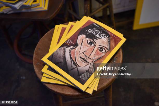 National Geographic magazines on display during the National Geographic "Genius: Picasso" Tribeca Film Festival after party at The Genius Studio, 100...