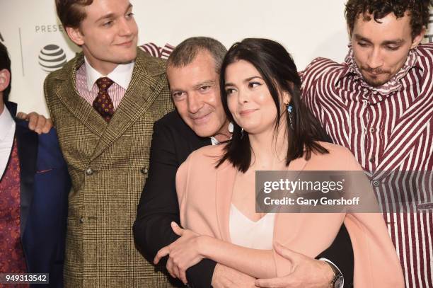 Actors Lucas Arthur Englander, Antonio Banderas, Samantha Colley and Robert Sheehan attend 'Genius: Picasso' during the 2018 Tribeca Film Festival at...