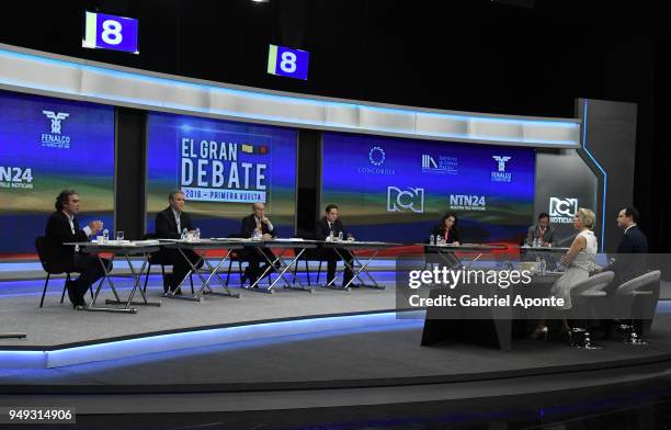 Presidential candidates attend during the 2018 Americas Initiative Presidential Debate at Noticias RCN Studios on April 19, 2018 in Bogota, Colombia.