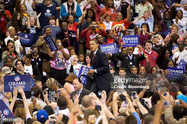Senator Barack Obama of Illinois, Democratic presidential candidate, arrives onstage during a campaign rally in Jacksonville, Florida, U.S., on...