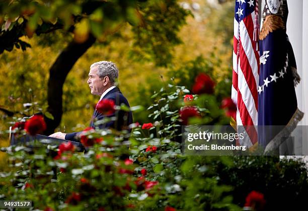 President George W. Bush makes a statement from the Rose Garden of the White House in Washington, D.C., U.S., on Wednesday, Nov. 5, 2008. Bush said...