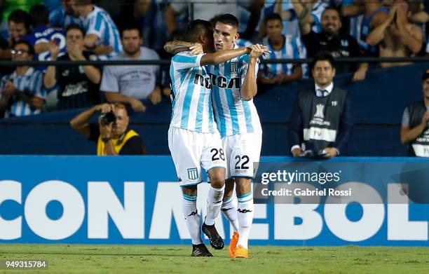 Ricardo Centurión of Racing Club celebrates with teammate Federico Zaracho their team's first goal during a match between Racing Club and Vasco da...