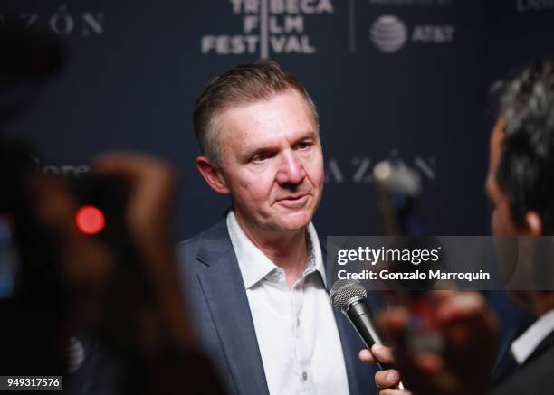 Dr. Mario Garcia speaks to a reporter at CORAZON, Tribeca Film Festival Global Film Premiere and Red Carpet Event presented by Montefiore on April...