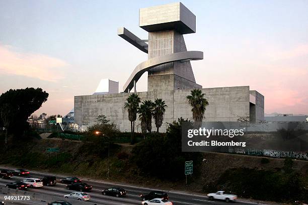 Traffic moves along Freeway 101 past a new school designed by Wolf D. Prix, which is known as High School No. 9 until it gets a permanent name, in...