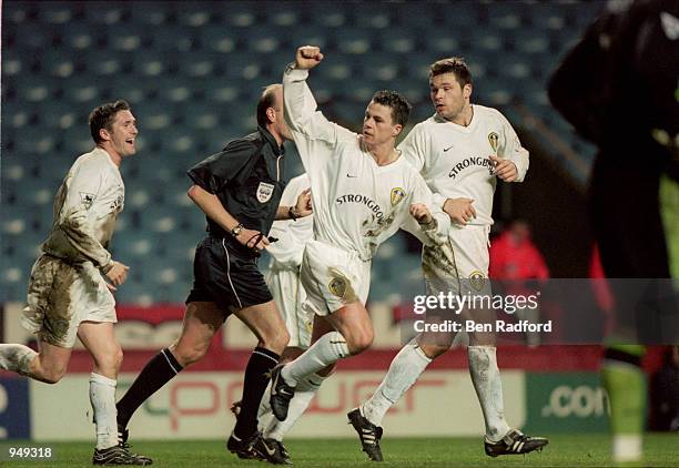 Ian Harte of Leeds United celebrates the winning goal during the FA Carling Premiership match against Aston Villa played at Villa Park, in...