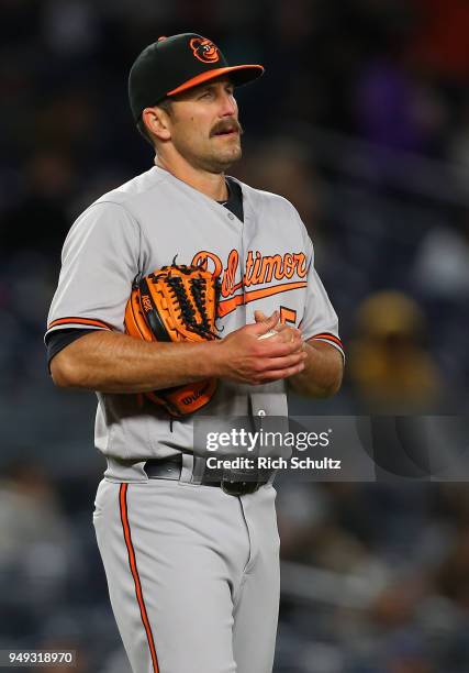 Darren O'Day of the Baltimore Orioles in action during a game against the New York Yankees at Yankee Stadium on April 5, 2018 in the Bronx borough of...