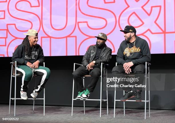 Lena Waithe, Desus Nice and The Kid Mero participate in a q&a at the FYC Event for VICELAND's DESUS & MERO at Saban Media Center on April 20, 2018 in...