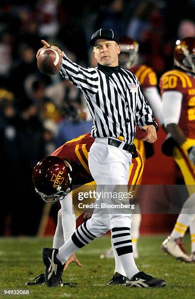 Back judge Shawn Hochuli officiates a football game between Iowa State University and the University of Missouri in Ames, Iowa, U.S., on Saturday,...