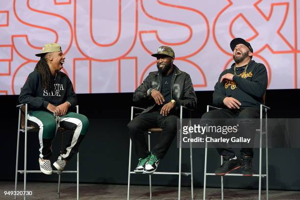 Lena Waithe, Desus Nice and The Kid Mero participate in a q&a at the FYC Event for VICELAND's DESUS & MERO at Saban Media Center on April 20, 2018 in...