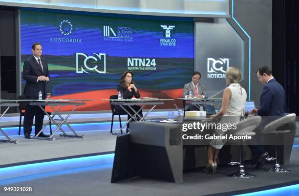 German Vargas Lleras presidential candidate speaks during the 2018 Americas Initiative Presidential Debate at Noticias RCN Studios on April 19, 2018...