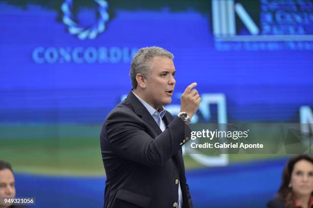 Ivan Duque presidential candidate speaks during the 2018 Americas Initiative Presidential Debate at Noticias RCN Studios on April 19, 2018 in Bogota,...